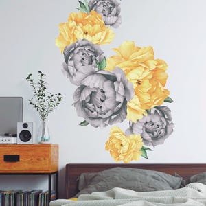 Large Grey and Yellow Flower Wall Decals, Peony Wall Decals, Floral Wall Decals, Botanical Wall Decal, large floral wall decals, floral wall