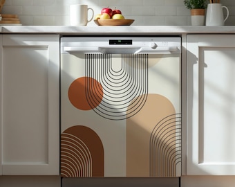 May include: A dishwasher cover featuring a graphic design with black concentric arch lines, a solid burnt orange circle, and tan semi-circular shapes on a cream background. The design covers the front panel of the appliance in a kitchen setting.