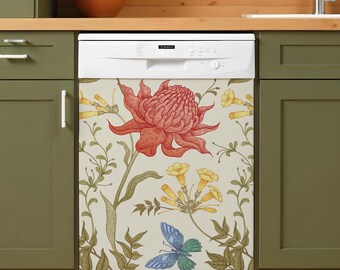 Whimsical Floral Dishwasher Cover. Vintage-Inspired Botanical Magnet Cover or Decal for Kitchen Makeover.