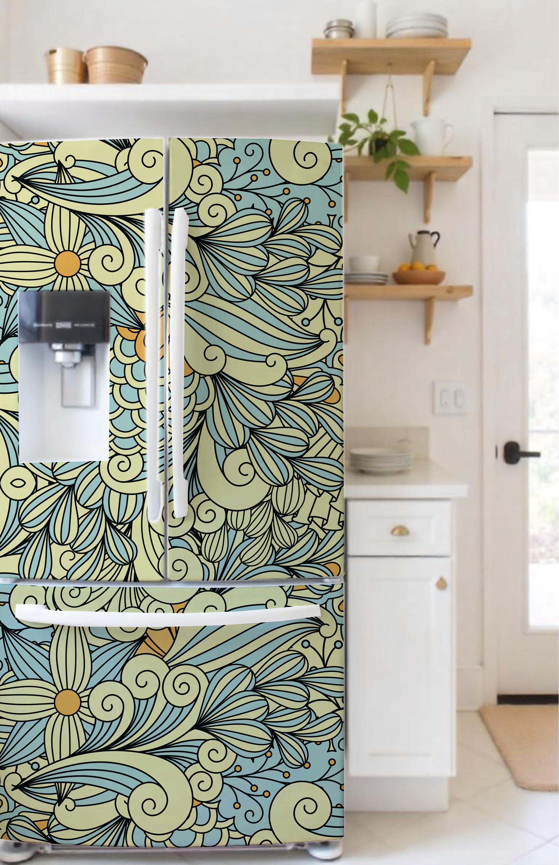 Refrigerator cover. Custom sizes. Removable Fridge decal for Side-by-Side, French Door, etc. Fridge door wrap with Japanese painting style.