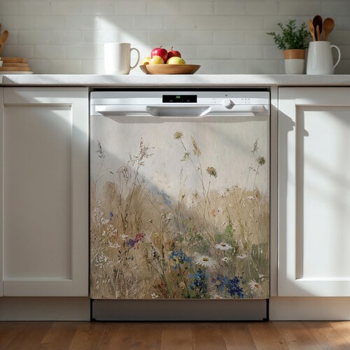 Funda magnética para lavavajillas con diseño de flores silvestres rústicas. Vinilo adhesivo para lavavajillas o funda magnética. Revestimiento floral para puerta de lavavajillas.