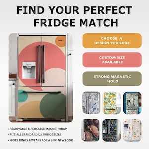 Magnetic Refrigerator Covers. Magnetic Fridge Wrap. Full-Door Fridge Magnet Skin. Custom Sizes. Reusable Decorative Fridge Door Protector.