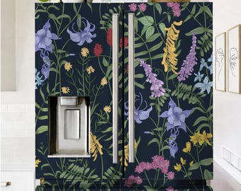 Fridge wrap  wildflowers botanical pattern on black.