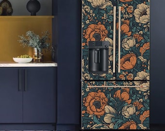 Fridge decal Poppies pattern on dark background. Refrigerator Stickers in art-nouveau art style. Custom size Fridge wrap.