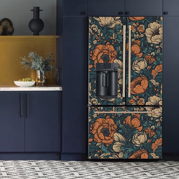 Fridge decal Poppies pattern on dark background. Refrigerator Stickers in art-nouveau art style. Custom size Fridge wrap.