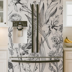 Fridge Wrap Black White Botanical. Monochrome Floral Refrigerator Decal.