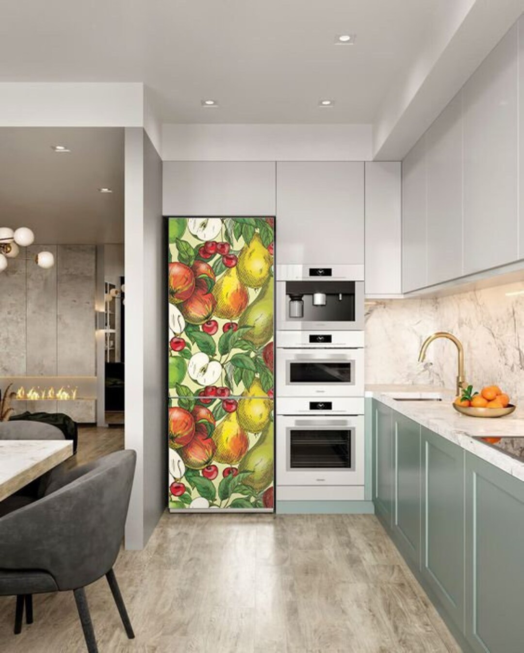 Fridge Door Cover Fruits, Refrigerator Vinyl Wrap in the Midcentury