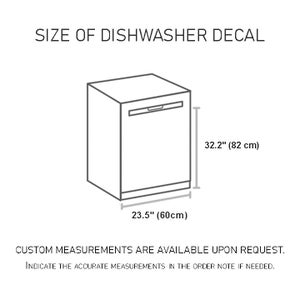 May include: A black and white line drawing of a dishwasher with measurements in inches and centimeters. The dishwasher is 23.5 inches (60 cm) wide and 32.2 inches (82 cm) tall. The text "CUSTOM MEASUREMENTS ARE AVAILABLE UPON REQUEST. INDICATE THE ACCURATE MEASUREMENTS IN THE ORDER NOTE IF NEEDED." is below the drawing.