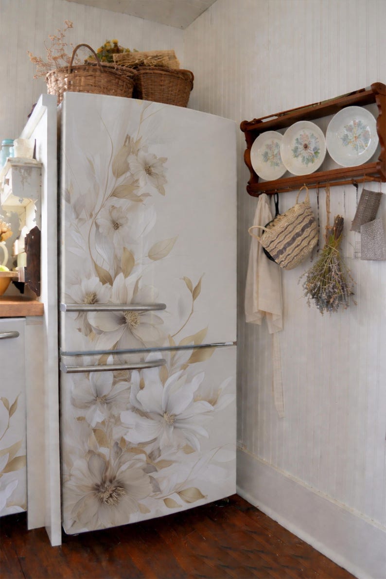 Fridge Wrap. Beige Magnolia Floral Vinyl Decal for Refrigerator. - Etsy