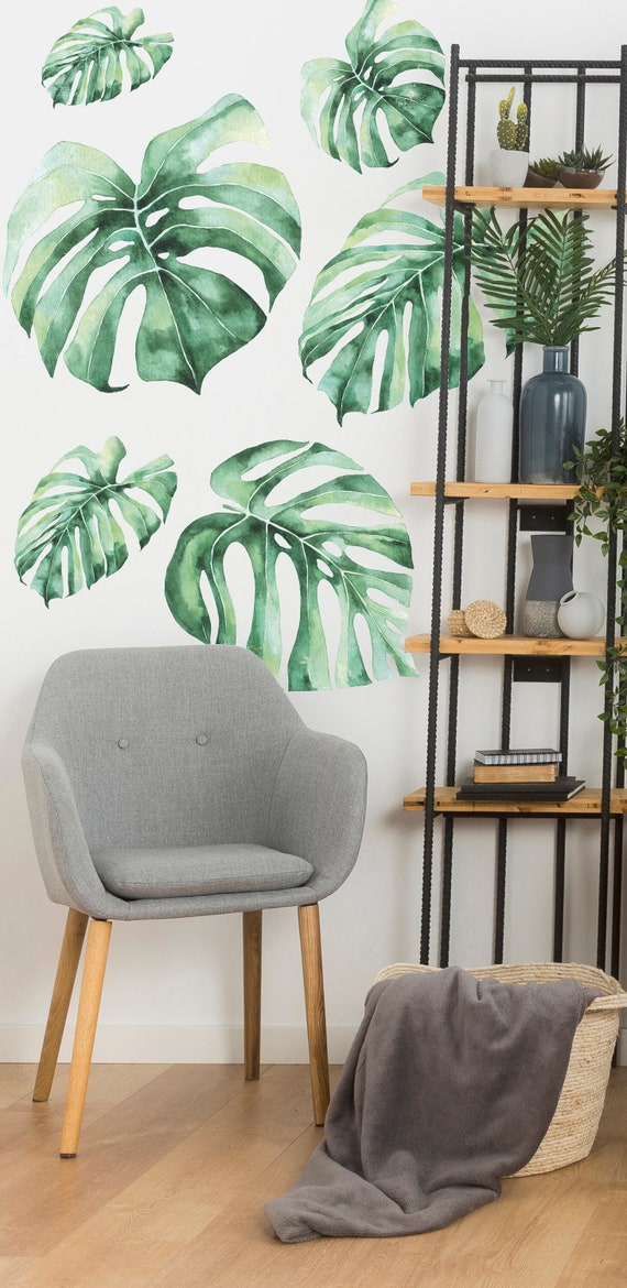 Large Watercolor Monstera Wall Decals, Jungle theme decor, Monstera leaf, Tropic leaves decal, Tropical plants decal, Monstera wall stickers