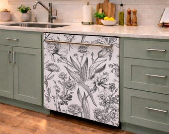 Floral Dishwasher Cover – Botanical Black and White Magnet or Decal