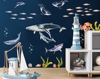 Ocean Wall Decals. Ocean Theme Nursery Under the sea wall decal. Whale decal.
