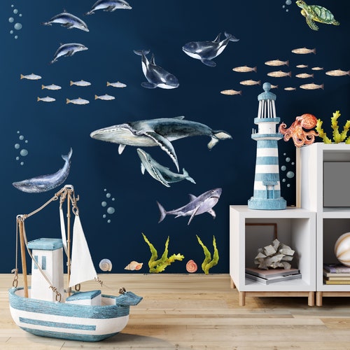 Ocean Wall Decals, Nautical Nursery, Whale Wall decal, Ocean Theme Nursery Under the sea wall decal, Watercolor Sea Life Decal Nursery decor