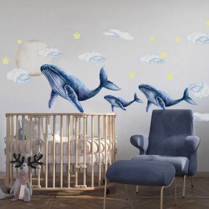Whale Decal, Whale Family in sky decal, Blue Whale Decal, Wall Decal Playroom, Wall Decal Nursery Ocean Themed, Underwater nursery decal