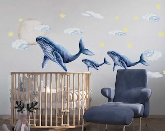 Whale Decal, Whale Family in sky decal, Blue Whale Decal, Wall Decal Playroom, Wall Decal Nursery Ocean Themed, Underwater nursery decal