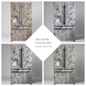 May include: Four French door refrigerators featuring a botanical floral line art pattern in brown, blue, black, and green. The center text reads: ONE DESIGN – FOUR COLORS! CHOOSE YOUR STYLE. Each unit includes a water dispenser and vertical handles.