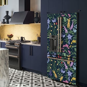 Fridge decal with botanical pattern on black background. Vinyl Fridge Wrap with wildflowers floral art. Decal for Side-by-Side, Mini, etc.