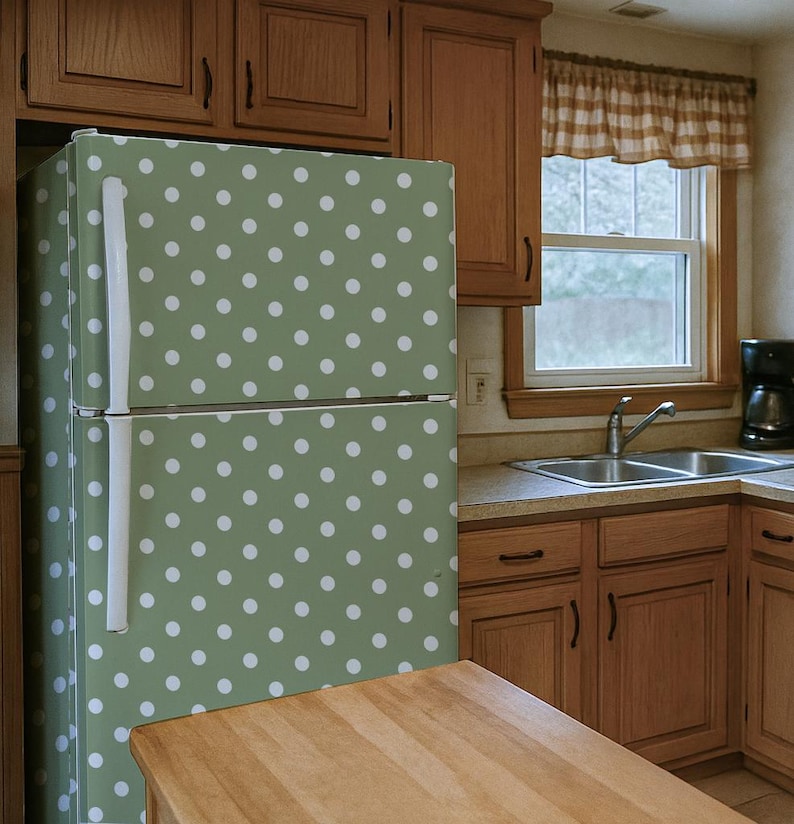 Refrigerator Vinyl Decal. Removable fridge wrap. Green kitchen decor polka dots . Fridge stickers. image 1