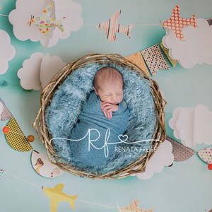 May include: A newborn baby is sleeping peacefully in a wicker basket lined with blue faux fur. The basket is surrounded by a garland of paper clouds and airplanes, creating a whimsical and charming scene.