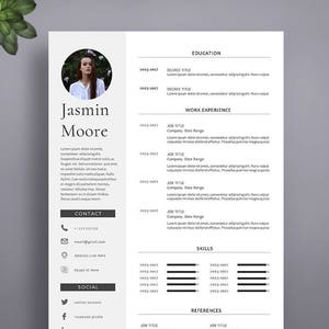 May include: A black and white resume template with a headshot of a woman in a circle at the top. The resume includes sections for education, work experience, skills, and references. The text on the resume is in a simple, modern font.