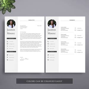 May include: A black and white resume template with a cover letter and references section. The template features a photo of a person, contact information, social media links, and a signature line. The text "COLORS CAN BE CHANGED EASILY" is at the bottom of the page.