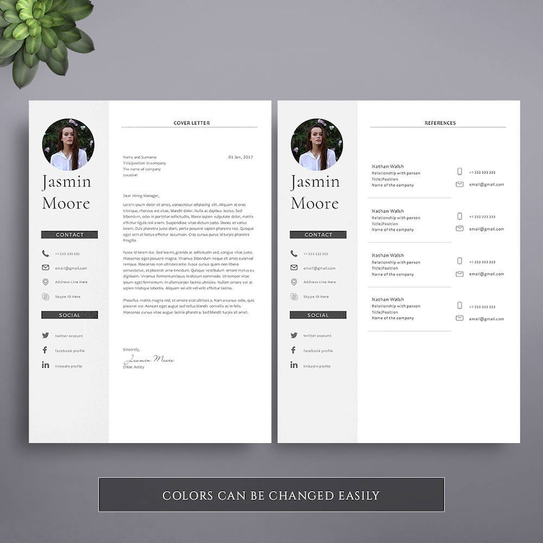 May include: A black and white resume template with a cover letter and references section. The template features a photo of a person, contact information, social media links, and a signature line. The text "COLORS CAN BE CHANGED EASILY" is at the bottom of the page.
