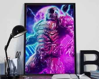 Doom, Doom Slayer, Decoración de videojuegos, Decoración de videojuegos, Cartel de juegos, Synthwave, Vaporwave, Cyberpunk, Post apocalíptico, Retro, Halloween