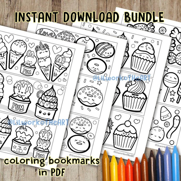 Kawaii Coloring Sheets / Cute Bookmark Set / Donut Cupcake Ice Cream Candy theme / PDF Download / Digital Coloring Bundle