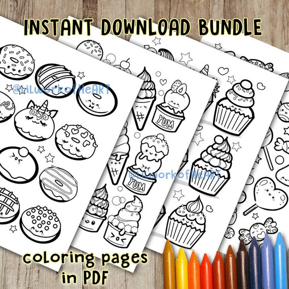 Kawaii Coloring Pages / Cute Coloring Set / Donut Cupcake Ice Cream Candy  Theme / PDF Download / Digital Coloring Bundle 