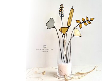 Stained Glass Flower Bouquet - Glass Flower Bouquet with Vase - Stained Glass White and Orange Flower - Stained Glass Flower in A Vase