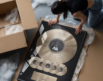 5 Year Company Anniversary Gold Vinyl Record Award with Logo – Multi Disc Corporate Milestone & Employee Recognition Plaque