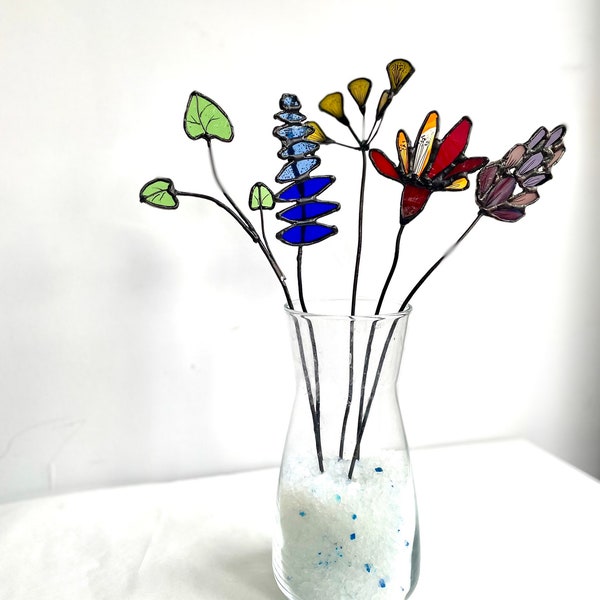 Stained Glass Colorful Flowers Bouquet - Glass Flowers for Vase - Glass Flower Sun Catcher for Table Decor - Stained Glass Flowers for Gift