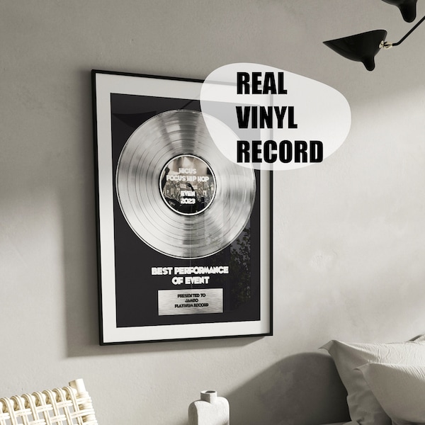 Placa de platino personalizada para regalo de música - Regalo de 20 aniversario de disco de vinilo personalizado - Premio de póster enmarcado de tocadiscos - Arte de la letra de la canción
