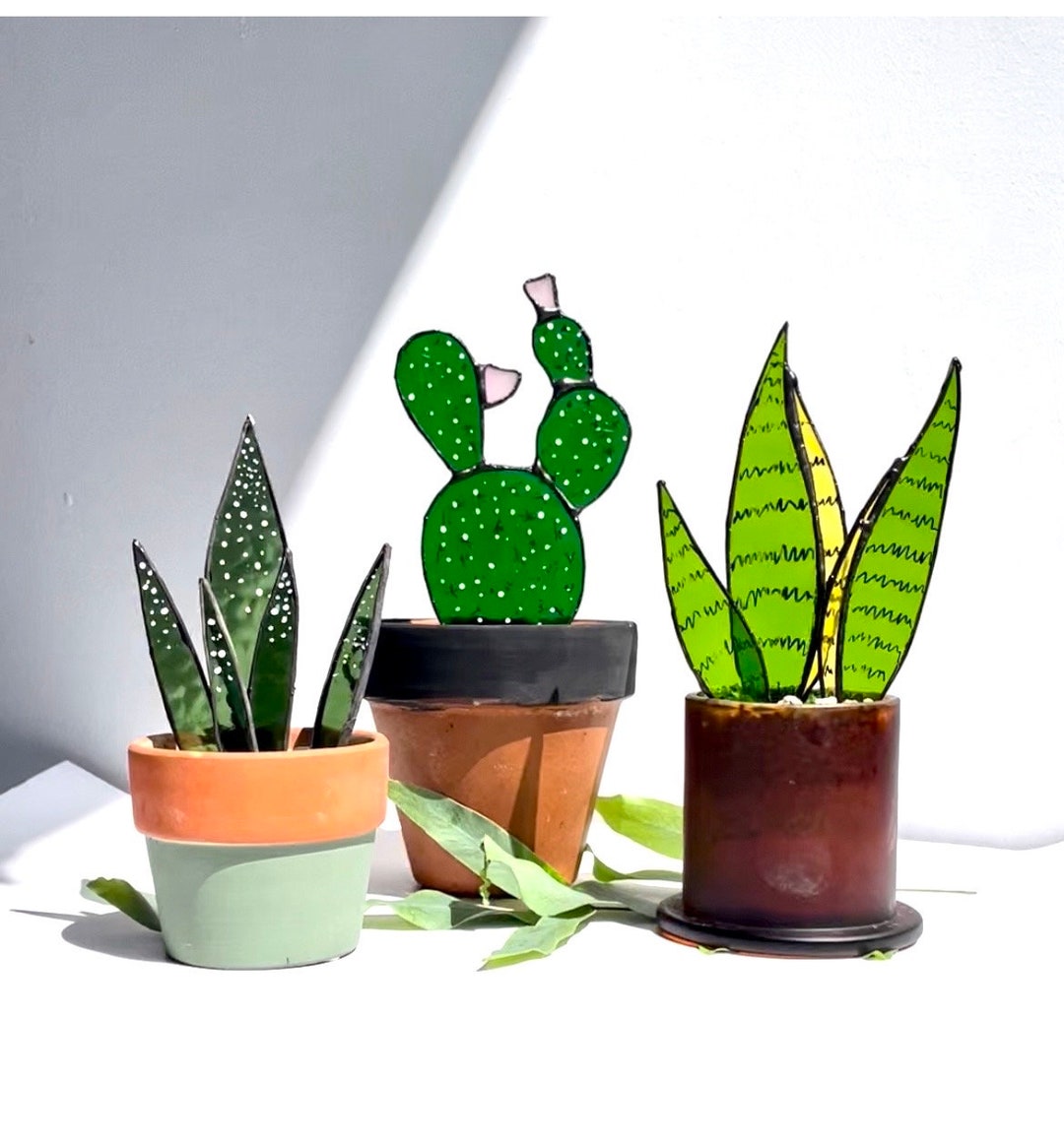 Leaves Stained Glass Succulent for Pot Nature Home Decor - Plant Suncatcher Table Plant - Glass Suncatcher Leaves - Stained Glass Plants