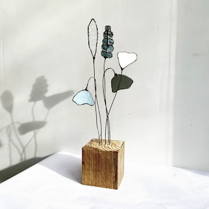 White & Grey Stained Glass Flowers - Stained Glass Flower On Wooden Stand - White and Grey Decor - Stained Glass Plants - Flower Sun Catcher