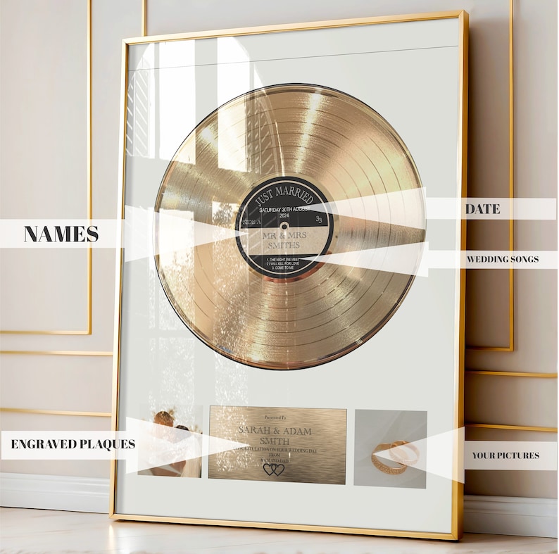 Just Married Gold Vinyl Record Frame – Personalized Wedding Song Gift – Custom Music Plaque for Couples – Wedding Anniversary Keepsake image 2