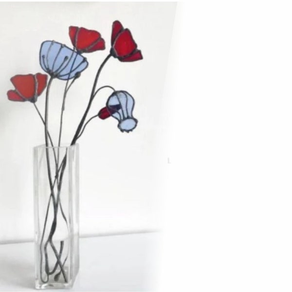 Red & Blue Everlasting Stained Glass Flower - Blue Stained Glass Flower Suncatcher - Red Flower Home Decor - Blue Rose for Garden Decor