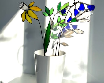 Handmade Spring Stained Glass Orange Poppy Flower with Vase - Unique Housewarming Orange Glass Art Gift for Home Decor & Floral Lovers