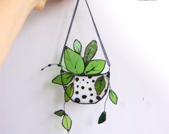 Leaves Stained Glass for Hanging Plant - Stained Glass Plants Nature Home Decor - Plant Suncatcher Nature Leaves Decor - Suncatcher Leaves