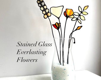 Stained Glass Flowers for Vase - Glass Flowers with a Spiral Stem - California Poppy Flower for Table Decor - Stained Glass Poppy Flower