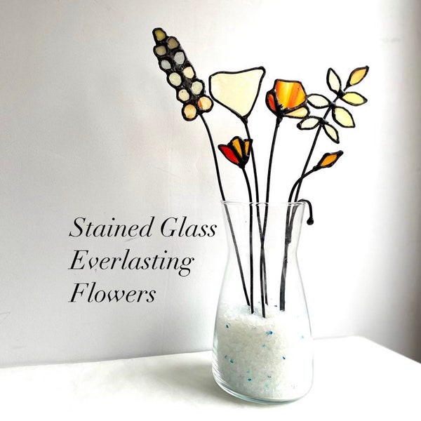 Stained Glass Flowers for Vase - Glass Flowers with a Spiral Stem - California Poppy Flower for Table Decor - Stained Glass Poppy Flower