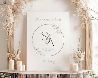 Wedding Welcome Sign with Couple Monogram, Custom Printable or Printed Sign, Modern Wedding Decor, Digital or Real Welcome Board