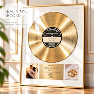 Just Married Gold Vinyl Record Frame – Personalized Wedding Song Gift – Custom Music Plaque for Couples – Wedding Anniversary Keepsake image 1