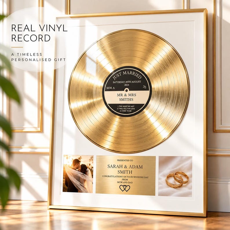 Just Married Gold Vinyl Record Frame – Personalized Wedding Song Gift – Custom Music Plaque for Couples – Wedding Anniversary Keepsake image 1