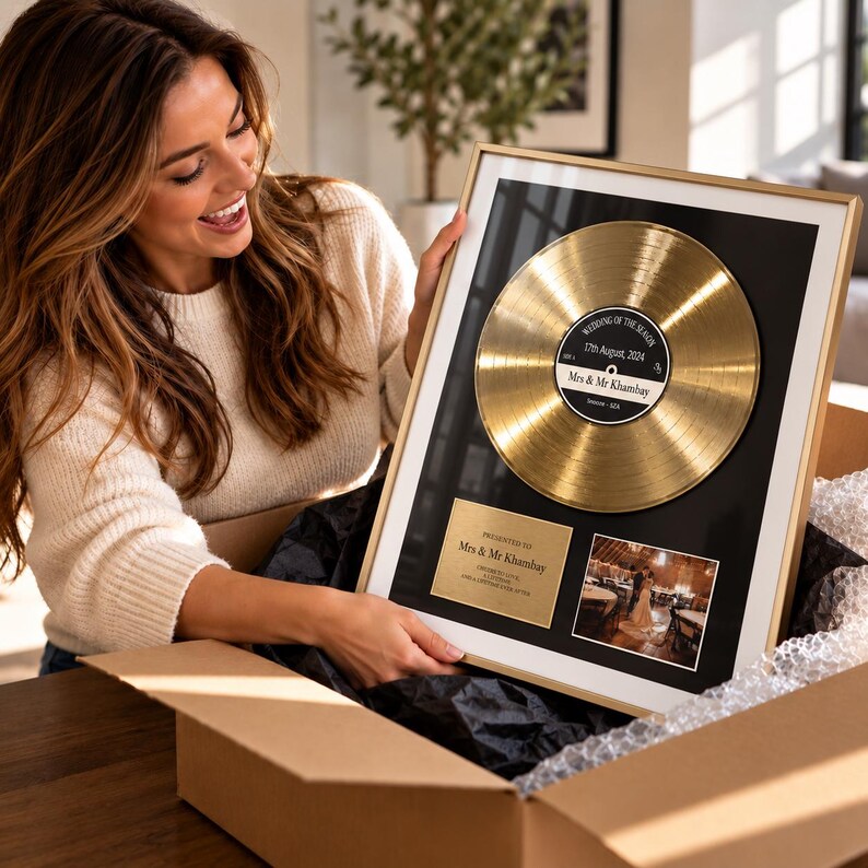 Just Married Gold Vinyl Record Frame – Personalized Wedding Song Gift – Custom Music Plaque for Couples – Wedding Anniversary Keepsake image 13