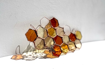 Stained Glass Bee Suncatcher Window Hangings - Modern Stained Glass Decor - Honeycomb Stained Glass Gifts - Glass Suncatcher for Home Decor