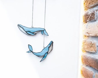 Handmade Humpback Whale Stained Glass Suncatcher - Marine Life Window Art for Housewarming Gift - Hangings suncatcher for Room Decor