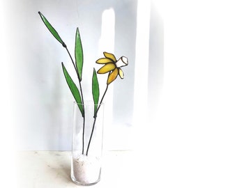 Fake Flower for Home Decor - Stained Glass Wildflower for office decor - Handmade Stained Glass Daffodil Flowers for Housewarming Gift