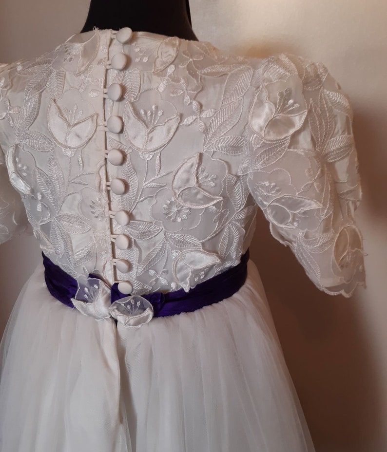 Tulle Party White Lace Bridesmaid Dress with Purple Trim Age 6