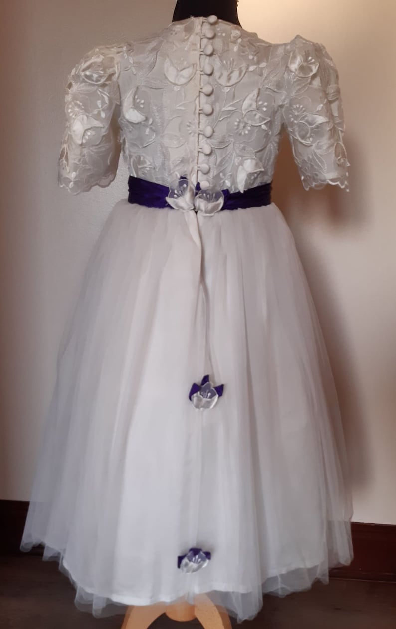 Tulle Party White Lace Bridesmaid Dress with Purple Trim Age 6